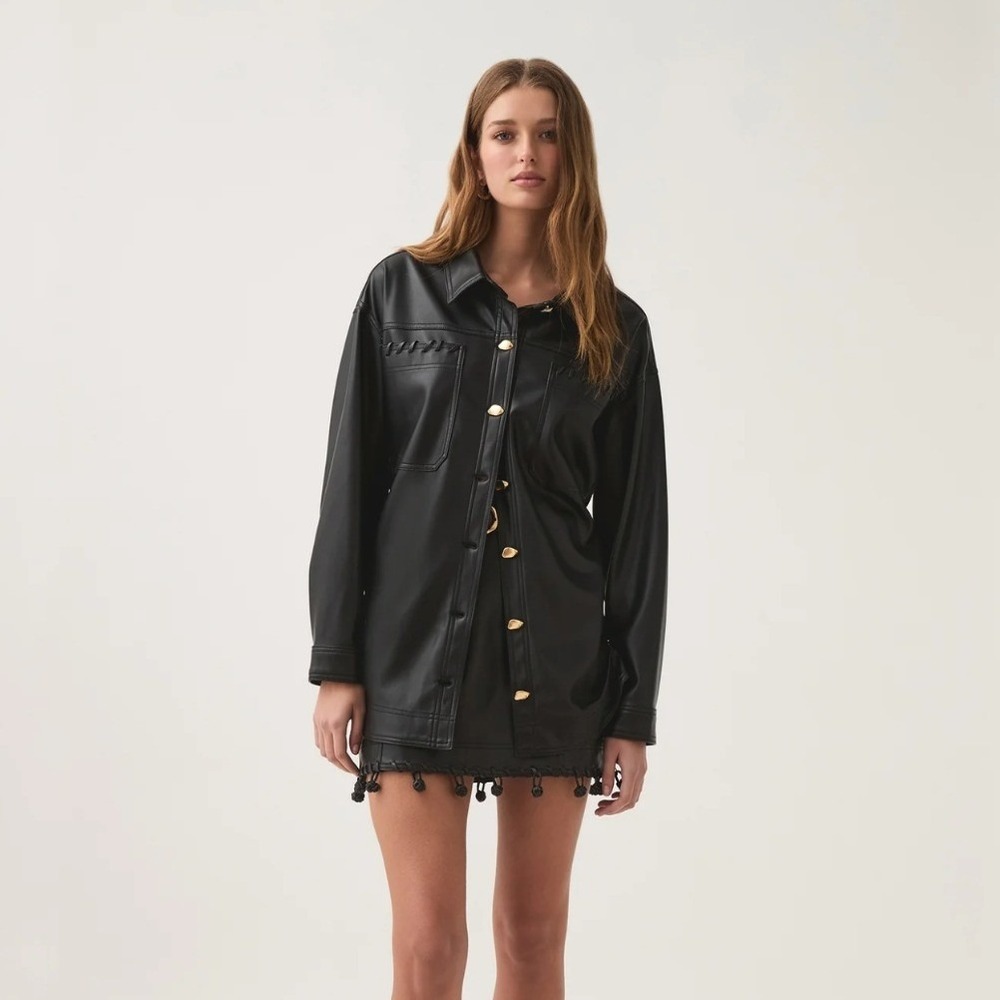 Aje NWT Unity Braided Knot Shirt Black Faux Leather Shacket Gold Buttons- Size 0